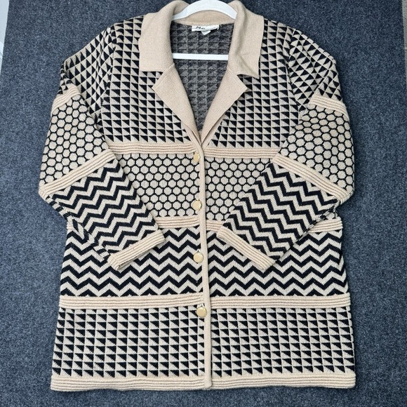 Francesca's Collections Sweaters - Mita Sport Womens L Geometric Knit Coatigan Cardigan Black Tan Button Front